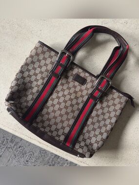 Designer inspired GG Brown Monogram Tote with Red and Green Web Straps